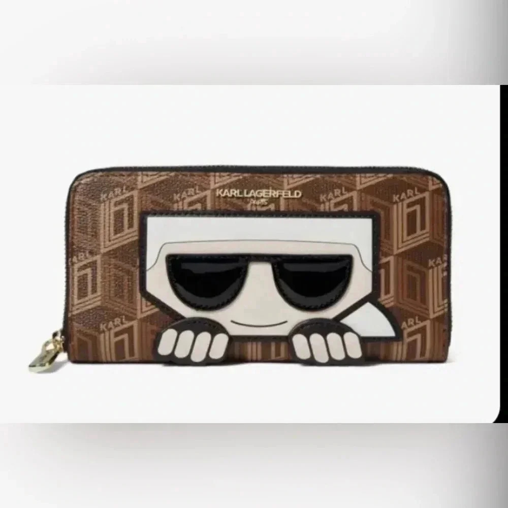 NWT KARL LAGERFELD MAYBELLE SLG
LARGE  ZIP AROUND WALLET CLUTCH BAG
BROWN LOGO